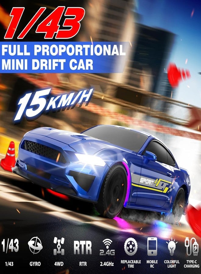 FEXXA سيارة سباق انزلاقية تعمل بالتحكم عن بعد من نوع FEXXA بمقياس 1/43، مزودة بنظام جيروسكوب رباعي الدفع وجاهزة للانطلاق، نموذج سيارة صغيرة عالية السرعة (1:43 RC Drift Mustang-Blue) - Image 2